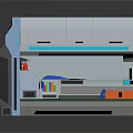 Cartoon Scene of Futuristic Workstation With Console Screen Green Floor and Orange Boxes