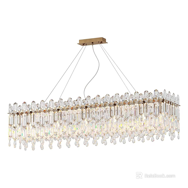 Elegant Rectangular Crystal Chandelier with Brass Frame and Hanging Prisms Design 3d model