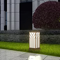 Outdoor Lawn Lights Illuminating Stone Path In Modern Building Garden With Green Plants