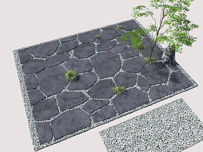 Garden Stone Stepping Path With Gray Slabs Small Tree And Green Plants 3d model