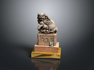 Traditional Stone Lion Statue On Layered Pedestal With Tianlu Inscription And Colorful Cube Decoration 3d model