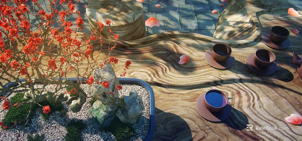 Two Ceramic Cups on Wooden Tray with Red Flowers Stones Moss and Petals 3d model 