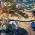 Two Ceramic Cups on Wooden Tray with Red Flowers Stones Moss and Petals