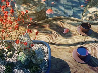 Two Ceramic Cups on Wooden Tray with Red Flowers Stones Moss and Petals 3d model