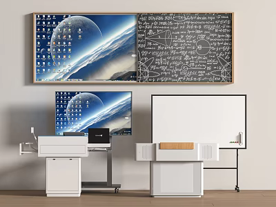 Modern Classroom Setup With Math Formulas Blackboard And Starry Space Screens 3d model