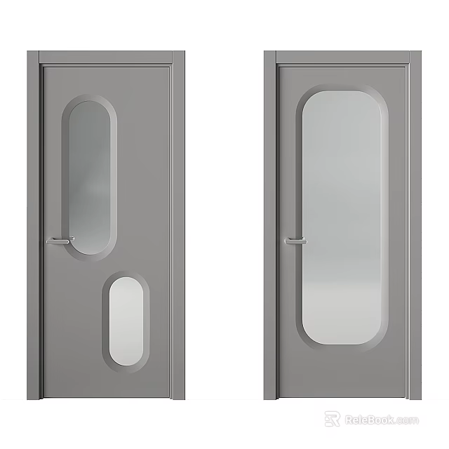 Stylish Gray Swing Doors with Modern Oval and Rectangular Glass Panels 3d model 