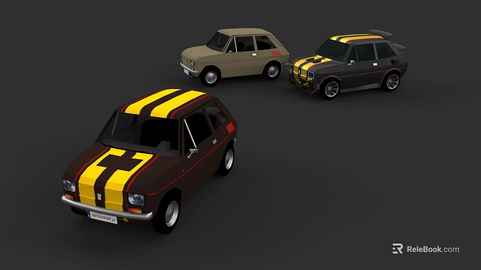 Three Small Classic Cars With Brown Yellow Stripes Beige And Dark Gray Colors 3d model 
