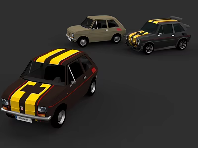 Three Small Classic Cars With Brown Yellow Stripes Beige And Dark Gray Colors 3d model