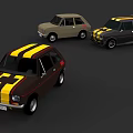 Three Small Classic Cars With Brown Yellow Stripes Beige And Dark Gray Colors