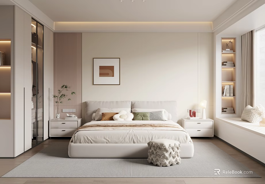 Modern Bedroom Interior Design With Bed Nightstands Wall Art Rug And Storage Cabinets 3d model 