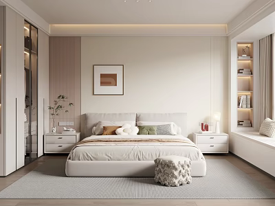 Modern Bedroom Interior Design With Bed Nightstands Wall Art Rug And Storage Cabinets 3d model