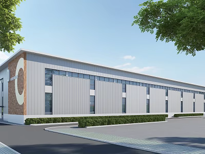 Modern Industrial Factory Building With Metal Exterior Large Windows And Landscaped Greenery 3d model