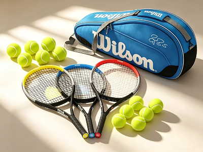 High Quality Wilson Tennis Sports Equipment With Rackets Balls And Blue Bag 3d model