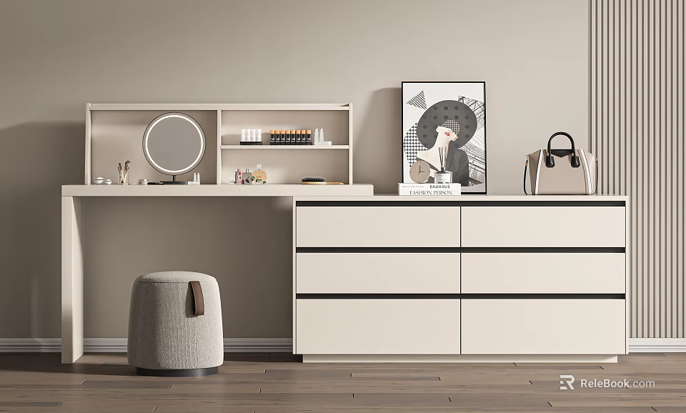 Modern White Dressing Table with Mirror Shelves Drawer Cabinet Decorative Painting and Gray Stool 3d model 