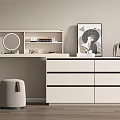 Modern White Dressing Table with Mirror Shelves Drawer Cabinet Decorative Painting and Gray Stool