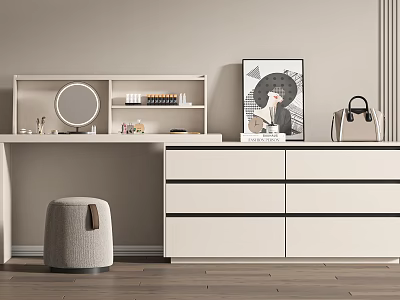 Modern White Dressing Table with Mirror Shelves Drawer Cabinet Decorative Painting and Gray Stool 3d model