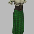 Cream Ruffled Collar Short Sleeve Dress With Brown Laced Corset And Green Plaid Long Skirt
