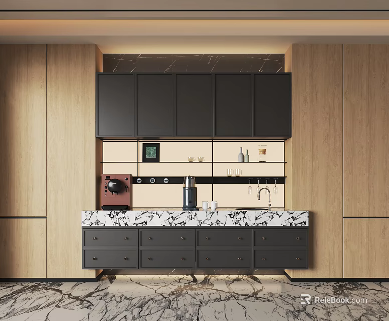 Modern Sideboard with Black Cabinets and Marble Countertop Featuring Coffee Maker and Water Kettle 3d model 