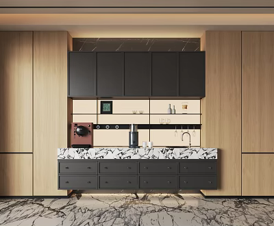Modern Sideboard with Black Cabinets and Marble Countertop Featuring Coffee Maker and Water Kettle 3d model