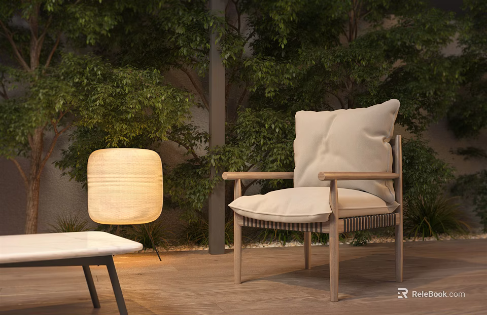 Outdoor Single Sofa With Green Plants And Rattan Lamp On Wooden Floor 3d model 