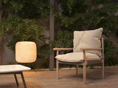 Outdoor Single Sofa With Green Plants And Rattan Lamp On Wooden Floor 3d model