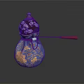 Traditional Gourd Shaped Sculpture With Blue Gold Patterns Brown Top And Red Ribbon