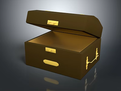 Vintage Brown Wooden Chest With Open Lid Golden Hardware And Interior 3d model