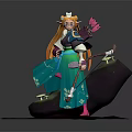 Fantasy Game Movie Character With Orange Long Hair Headdress Blue Green Outfit And Bow