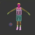 Man wearing CAPITALS 3 basketball jersey red headband arm tattoos and blue sneakers with basketball