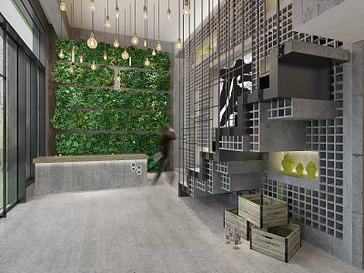 Hotel Lobby Interior With Living Plant Wall Hanging Pendant Lights And Modern Reception Counter 3d model