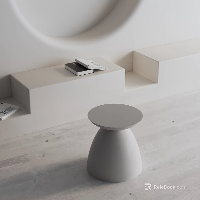 Modern White Side Table with Round Top in Minimalist Room with White Steps and Books 3d model 