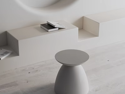 Modern White Side Table with Round Top in Minimalist Room with White Steps and Books 3d model