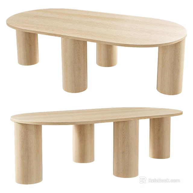 Simple Wooden Dining Table With Oval Top And Cylindrical Legs Design 3d model