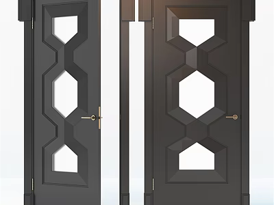 Black Hinged Doors With Geometric Pattern Glass And Gold Door Handles 3d model
