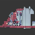 Colorful Cartoon Scene With Pink Brick Staircase Blue Tower And Mechanical Devices
