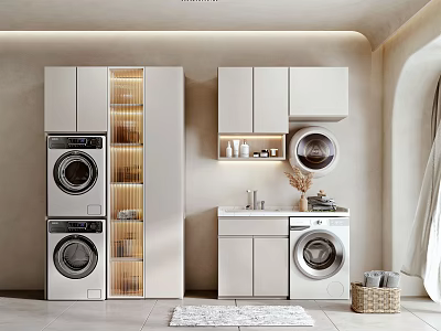 Modern White Bathroom Cabinet Rack With Washing Machines Dryers And Storage Shelves 3d model