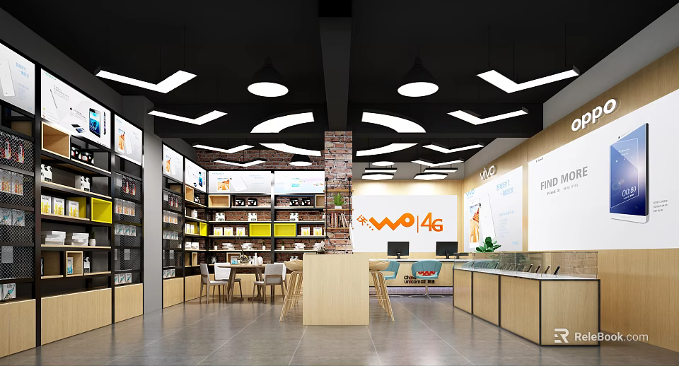 Digital Store Interior with Wo 4G Sign Display Counters Tables Chairs and Ceiling Lights 3d model 