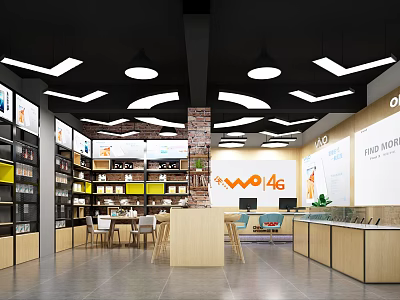 Digital Store Interior with Wo 4G Sign Display Counters Tables Chairs and Ceiling Lights 3d model