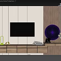 Modern TV Wall Design With Wooden TV Stand Round Mirror Pendant Lights And Decor