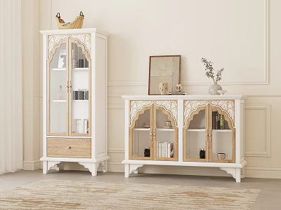 Elegant White Carved Decorative Cabinets With Glass Doors Books Picture Frame And Vase 3d model