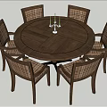 Round Wooden Dining Set With Six Plaid Pattern Chairs For Home Dining Area 3d model