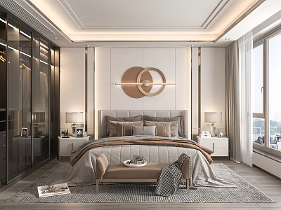 Modern Luxury Bedroom Interior With Large Windows Wardrobe Round Decorative Painting Nightstands And Bench 3d model
