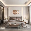 Modern Luxury Bedroom Interior With Large Windows Wardrobe Round Decorative Painting Nightstands And Bench