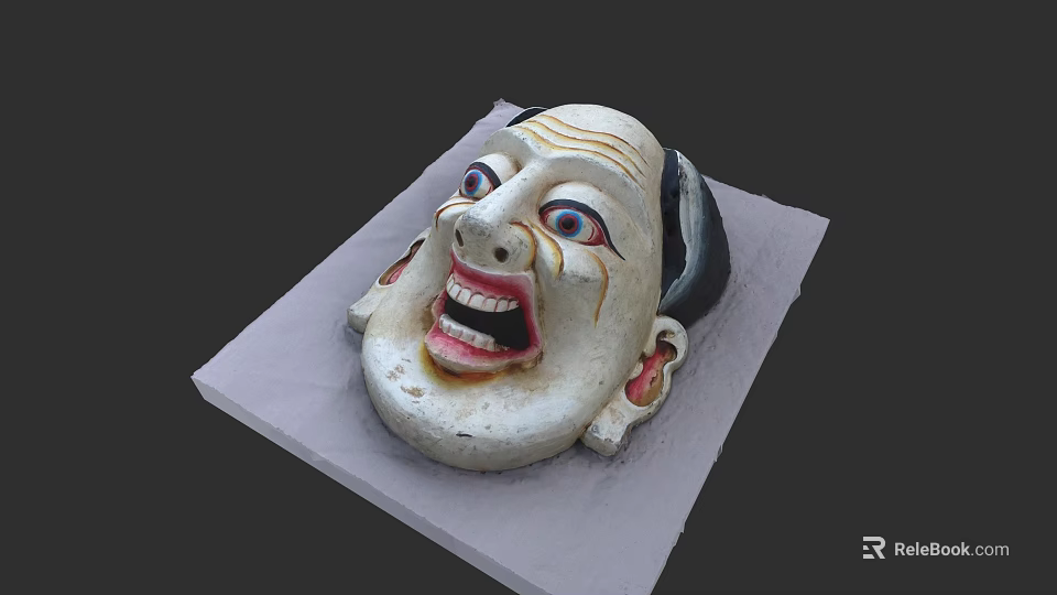 Intricate Hand Carved Mask Sculpture With Exaggerated Facial Features And Red Accents 3d model 