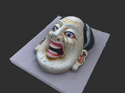 Intricate Hand Carved Mask Sculpture With Exaggerated Facial Features And Red Accents 3d model
