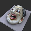 Intricate Hand Carved Mask Sculpture With Exaggerated Facial Features And Red Accents