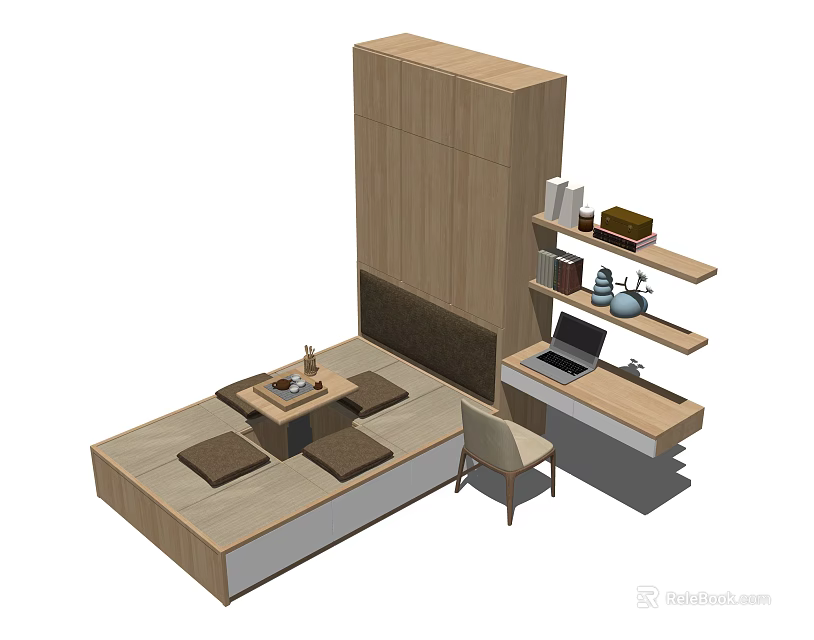 Modern Minimalist Bedroom Design With Wooden Bed Shelves Desk And Laptop 3d model 