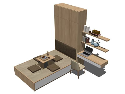 Modern Minimalist Bedroom Design With Wooden Bed Shelves Desk And Laptop 3d model