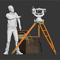 Man Standing By Surveying Instrument On Orange Tripod With Open Wooden Chest