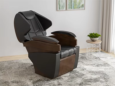 Black Leather Massage Chair with Brown Wooden Armrests Gray Carpet Side Table and Green Plant 3d model